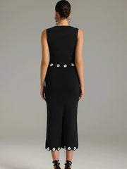 Luxury O-neck Elegant Sleeveless Flower Short Top Long Slim Skirt Party Dinner Dress