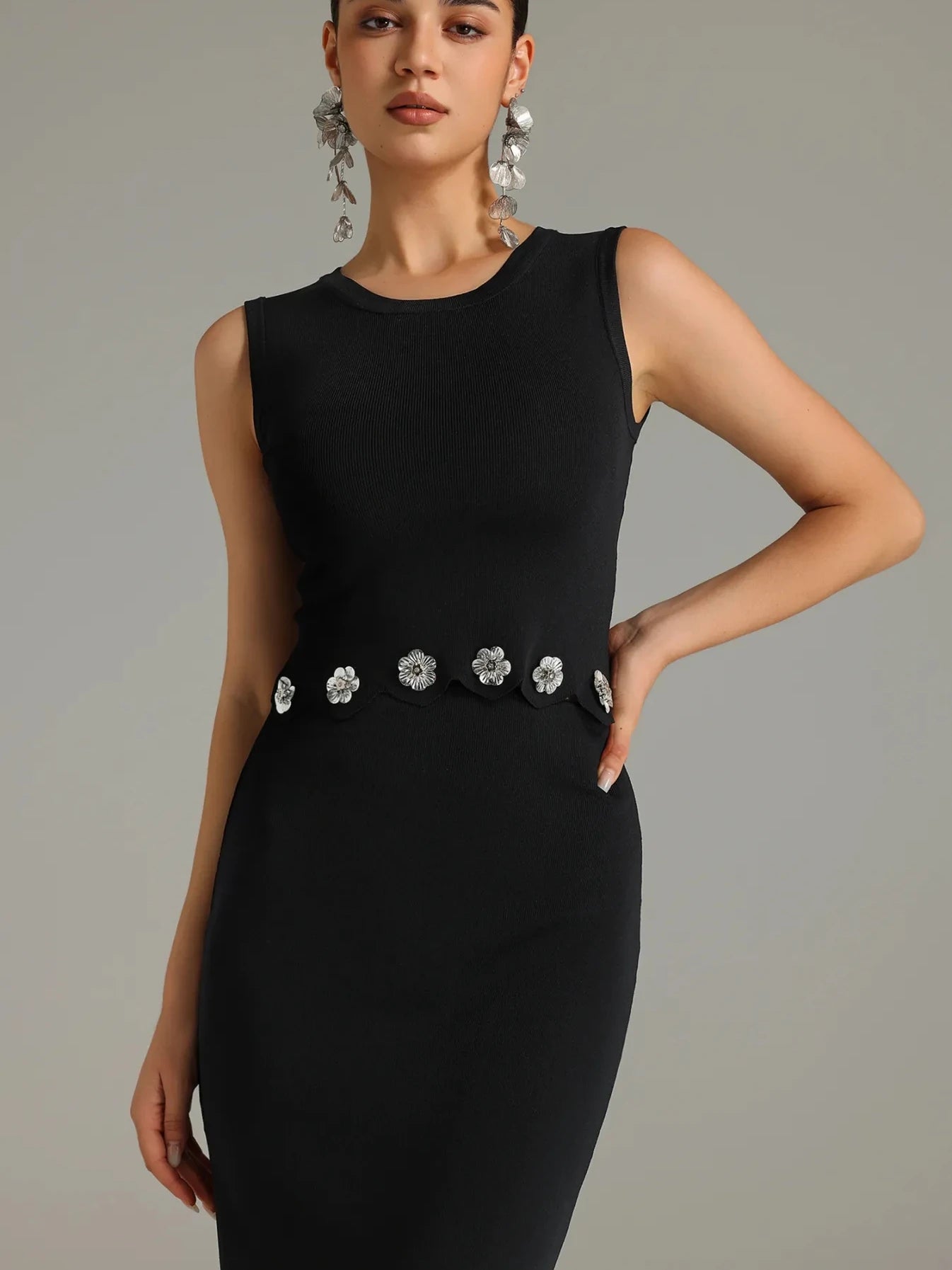 Luxury O-neck Elegant Sleeveless Flower Short Top Long Slim Skirt Party Dinner Dress