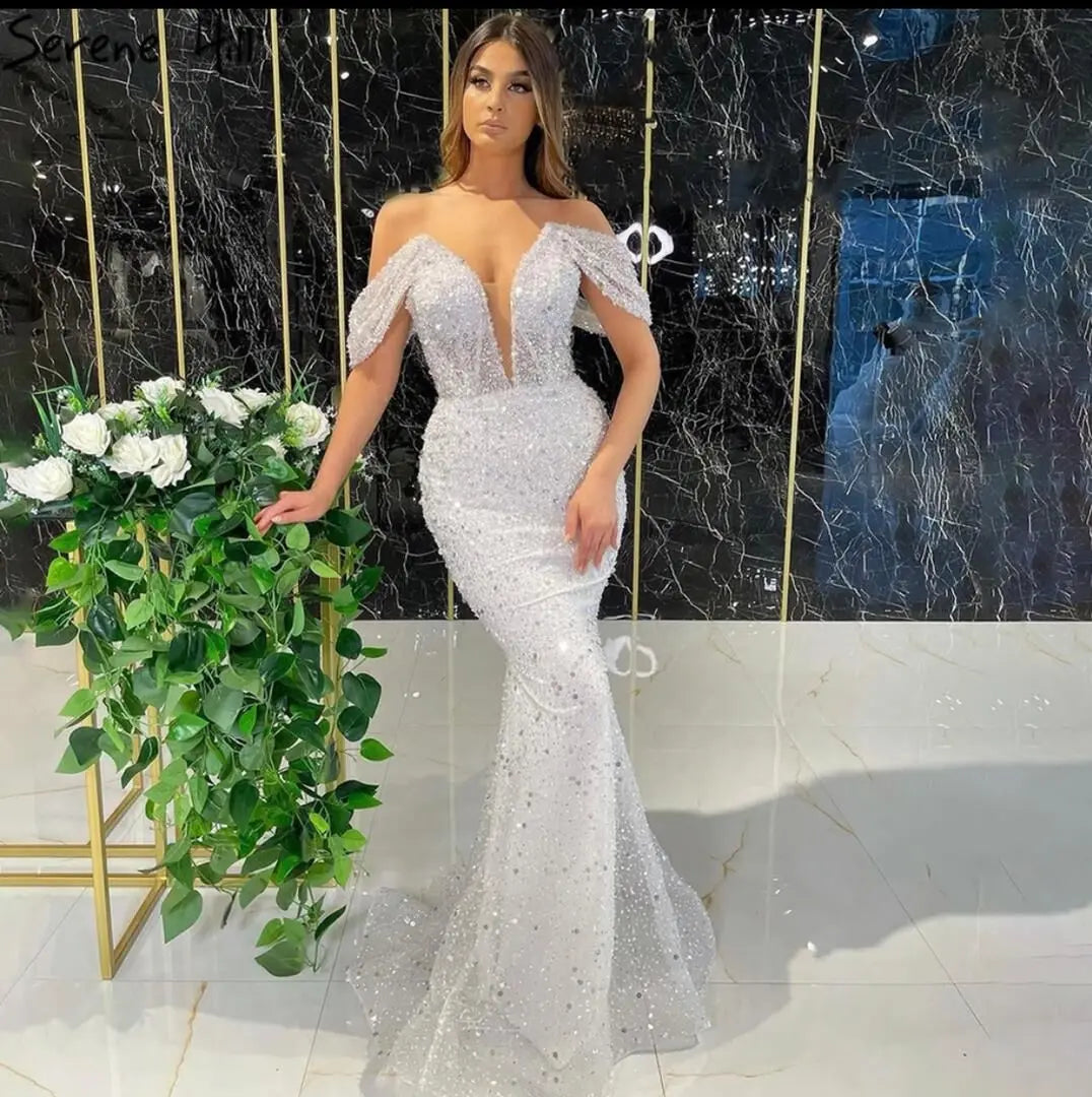 Luxury Off Shoulder Mermaid Sparkly Beads Detachable Train Evening Party Dresses