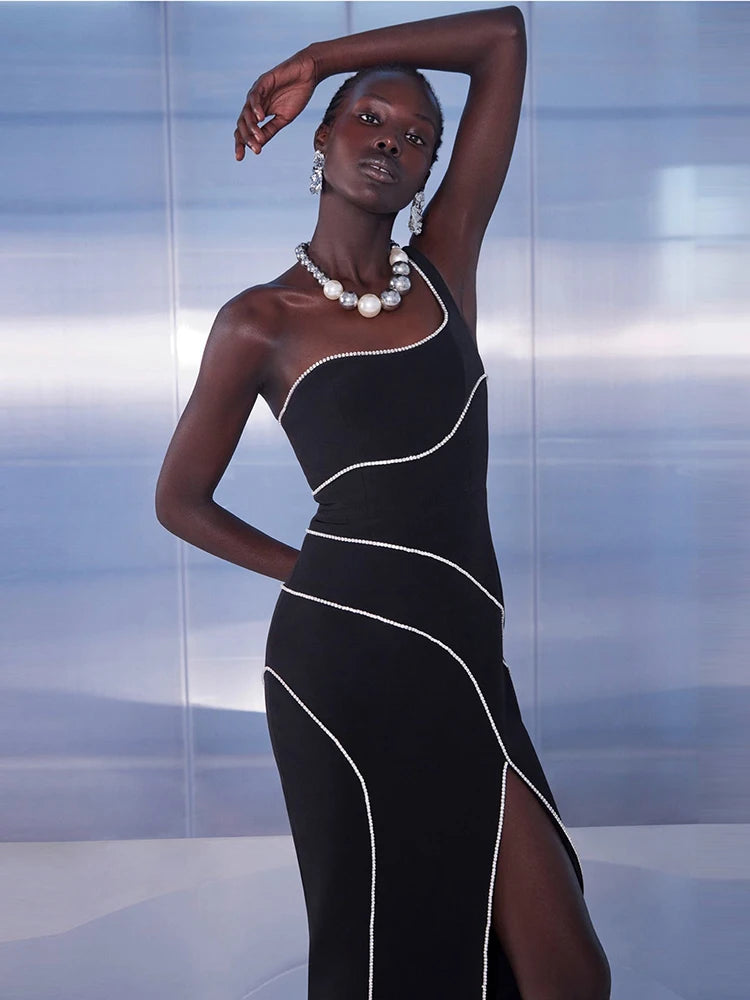 Luxury One Shoulder Chain Sleeveless Diamond Split Evening Club Party Bodycon Long Dresses