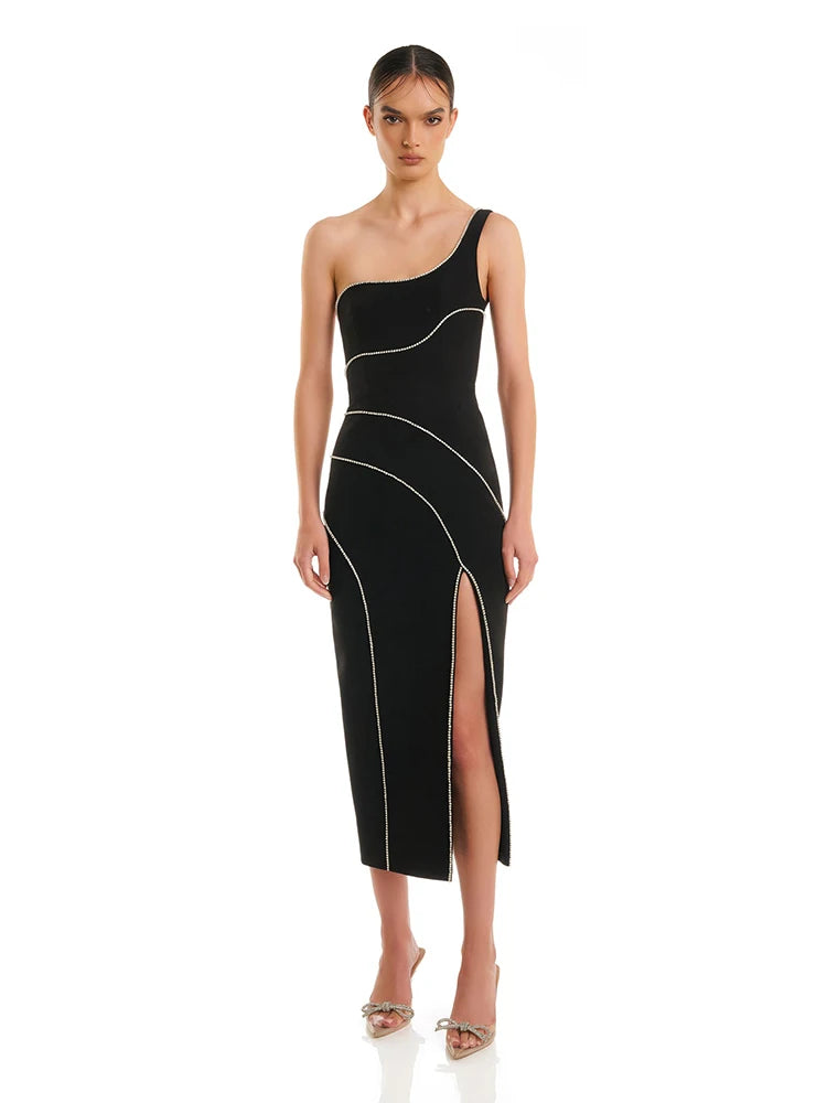 Luxury One Shoulder Chain Sleeveless Diamond Split Evening Club Party Bodycon Long Dresses