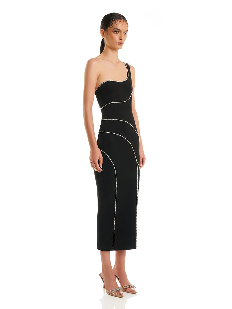Luxury One Shoulder Chain Sleeveless Diamond Split Evening Club Party Bodycon Long Dresses