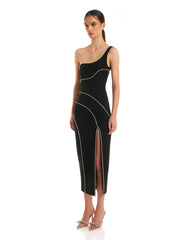 Luxury One Shoulder Chain Sleeveless Diamond Split Evening Club Party Bodycon Long Dresses