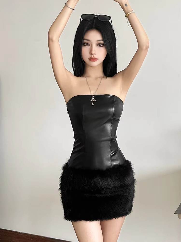 Luxury Patchwork Furry Hem Strapless Birthday Party Clubwear Mini Bodycon Dress