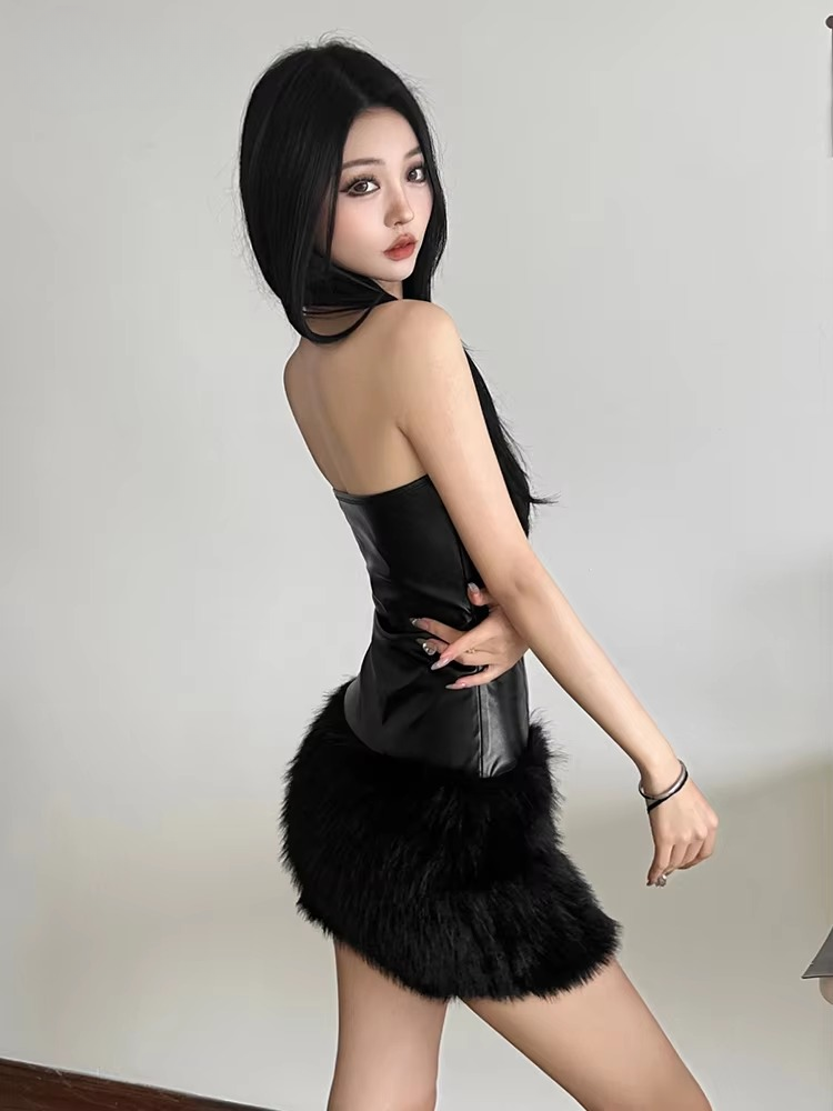 Luxury Patchwork Furry Hem Strapless Birthday Party Clubwear Mini Bodycon Dress