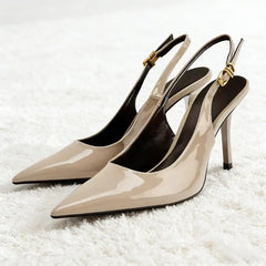 Luxury Patent Leather Metal Buckle Slingbacks Pumps Pointed Toe High Heel