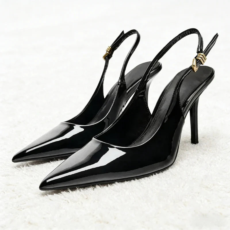 Luxury Patent Leather Metal Buckle Slingbacks Pumps Pointed Toe High Heel