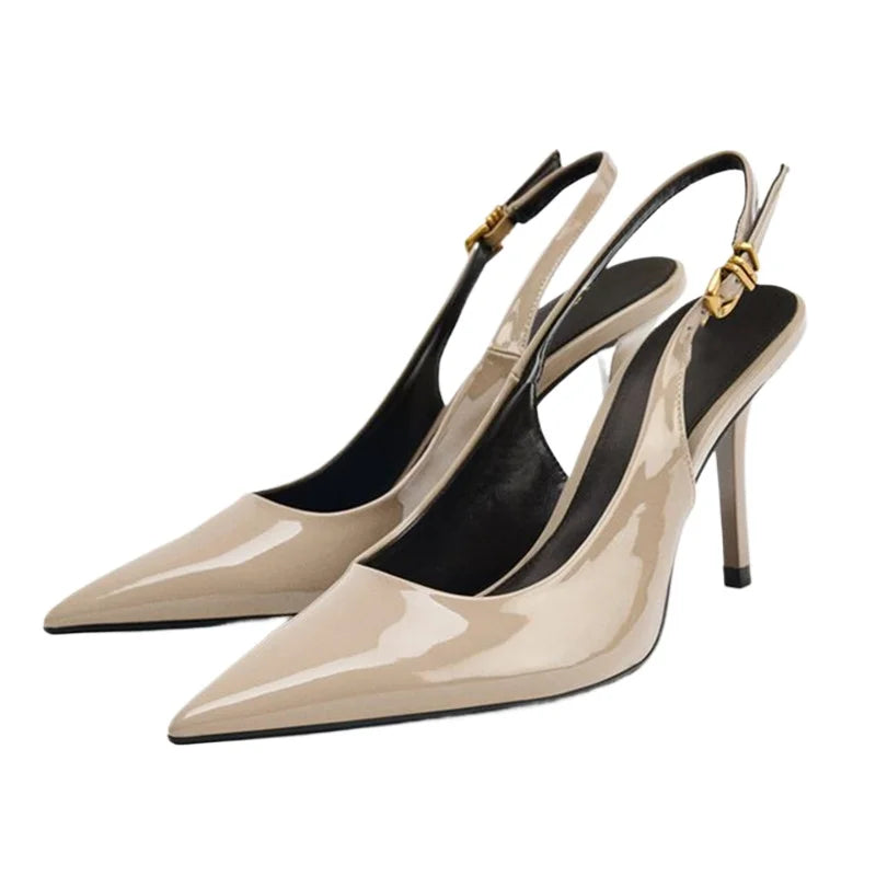 Luxury Patent Leather Metal Buckle Slingbacks Pumps Pointed Toe High Heel