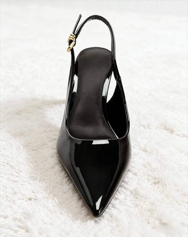 Luxury Patent Leather Metal Buckle Slingbacks Pumps Pointed Toe High Heel
