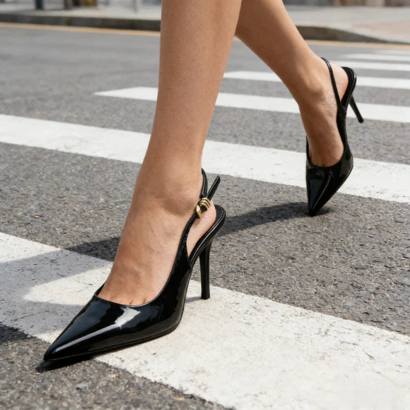 Luxury Patent Leather Metal Buckle Slingbacks Pumps Pointed Toe High Heel