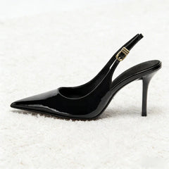 Luxury Patent Leather Metal Buckle Slingbacks Pumps Pointed Toe High Heel