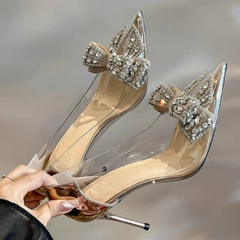 Luxury Pointed Crystal Fairy Ladies Wind Sandals Rhinestone Butterfly-knot Transparent High Heel