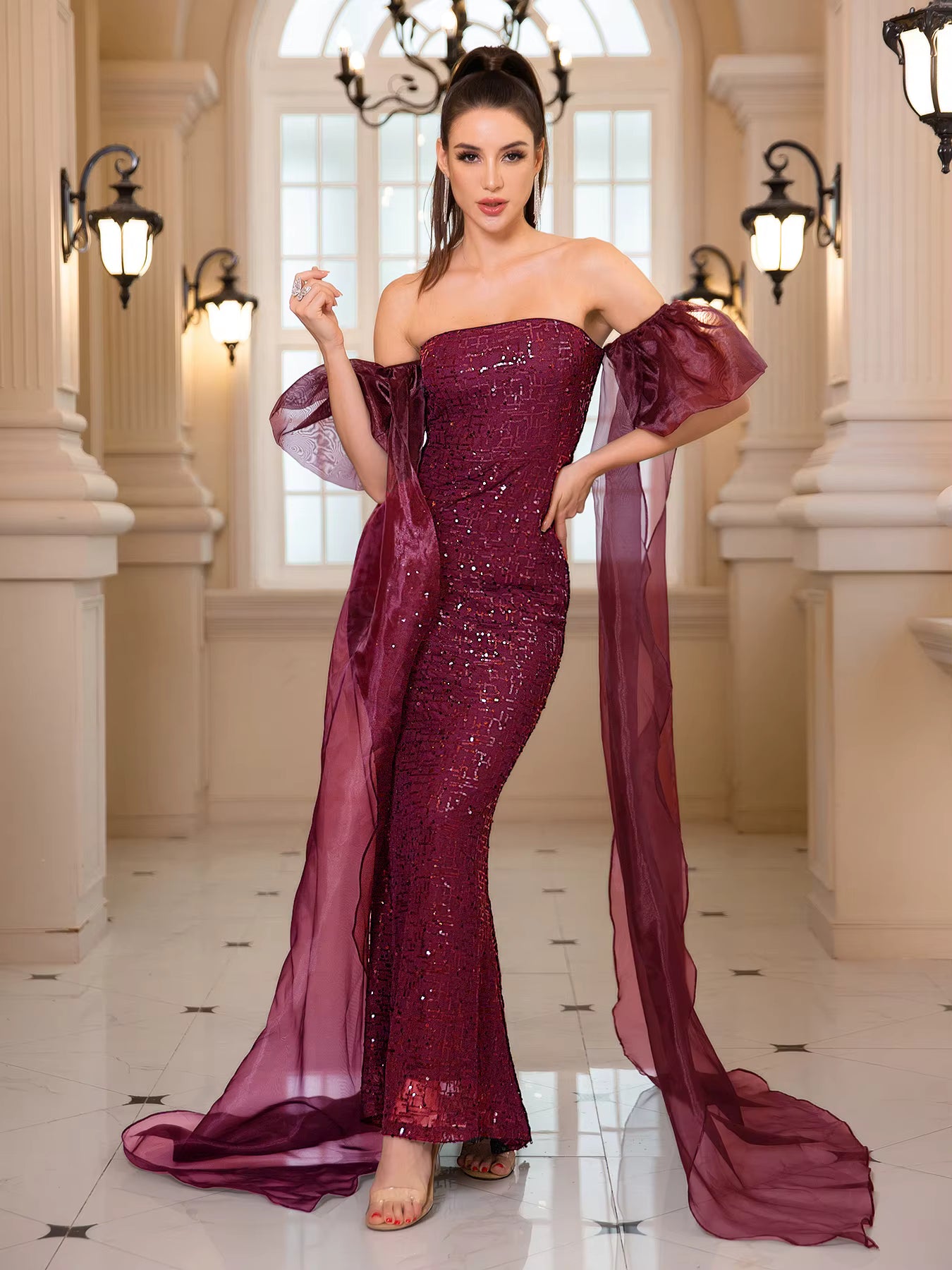 Luxury Puff Sleeves Backless Sequined Strapless Floor Length Evening Maxi Gown