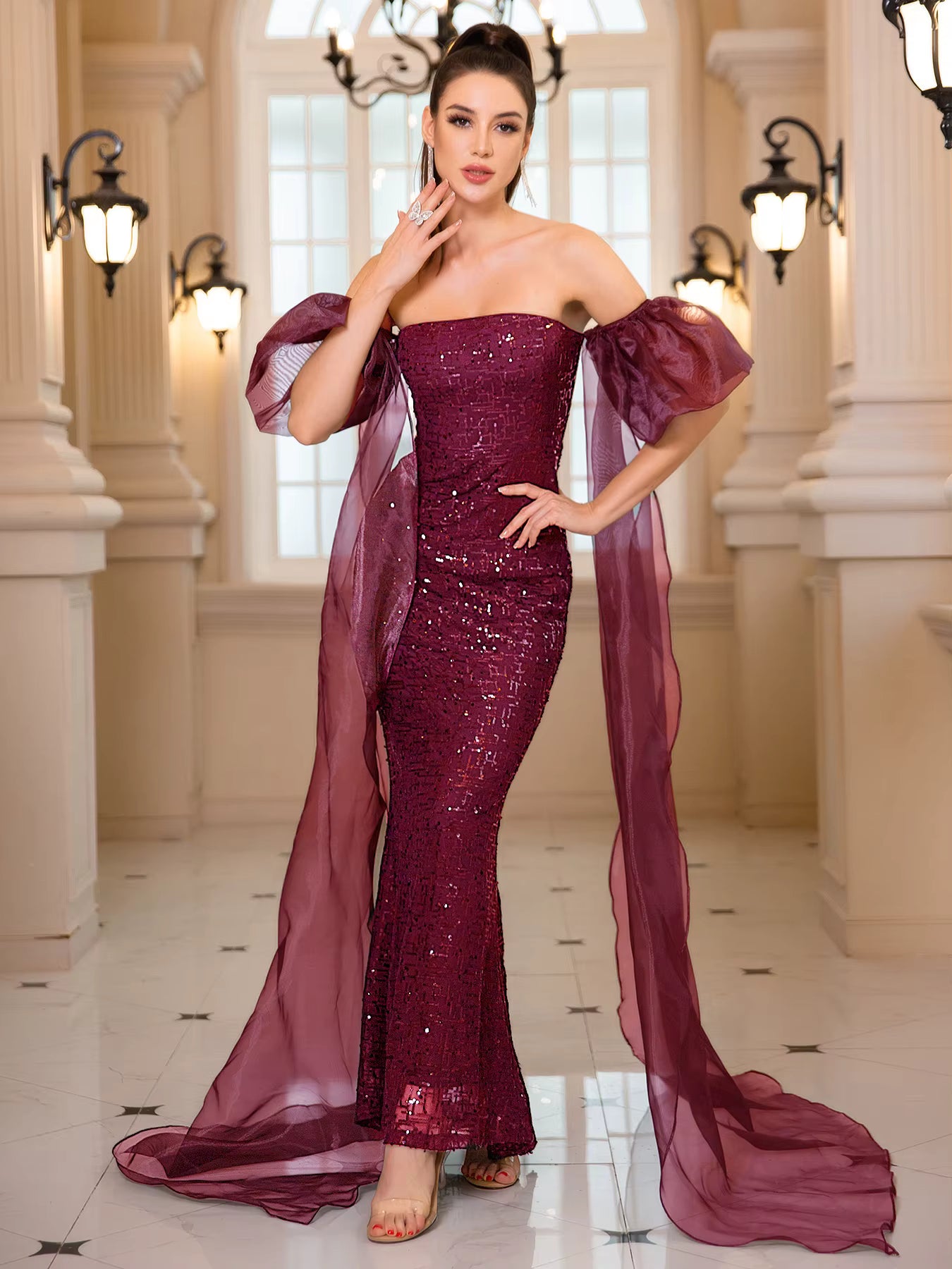 Luxury Puff Sleeves Backless Sequined Strapless Floor Length Evening Maxi Gown