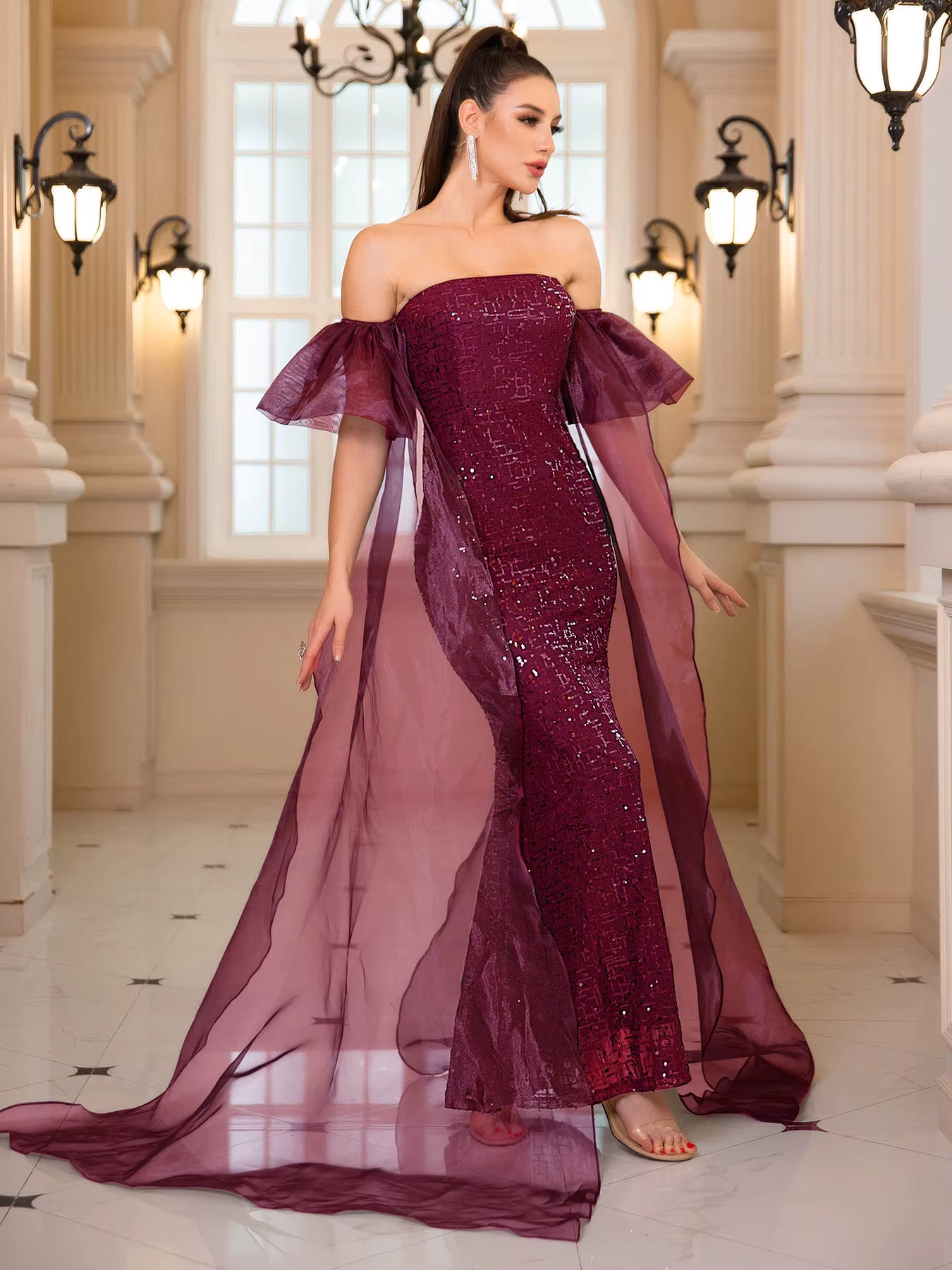 Luxury Puff Sleeves Backless Sequined Strapless Floor Length Evening Maxi Gown