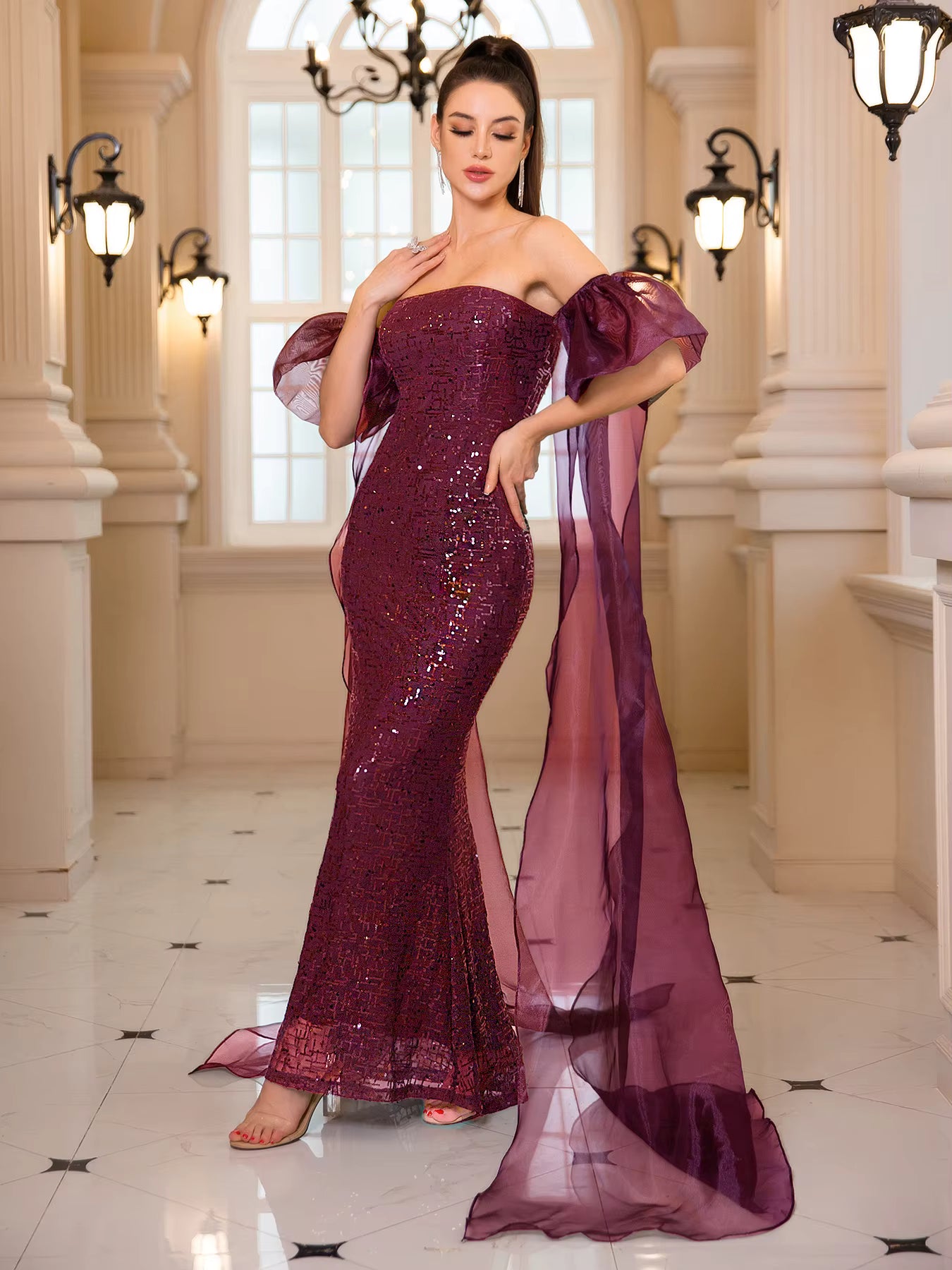 Luxury Puff Sleeves Backless Sequined Strapless Floor Length Evening Maxi Gown