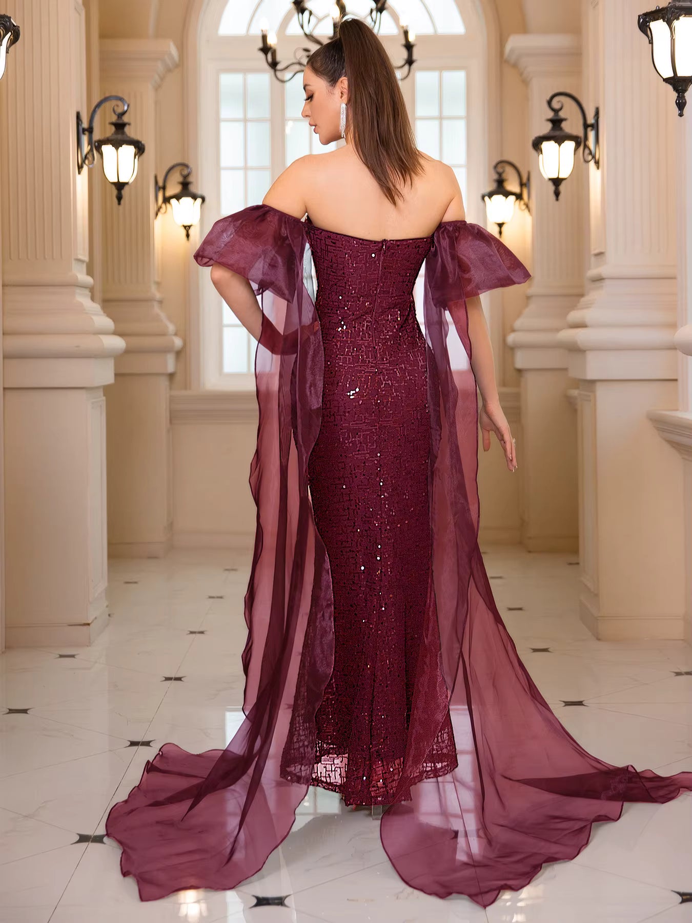 Luxury Puff Sleeves Backless Sequined Strapless Floor Length Evening Maxi Gown