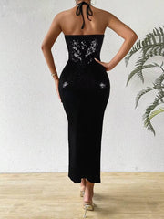 Luxury Pullover Neck-mounted Backless Runway Celebrity Midi Dress