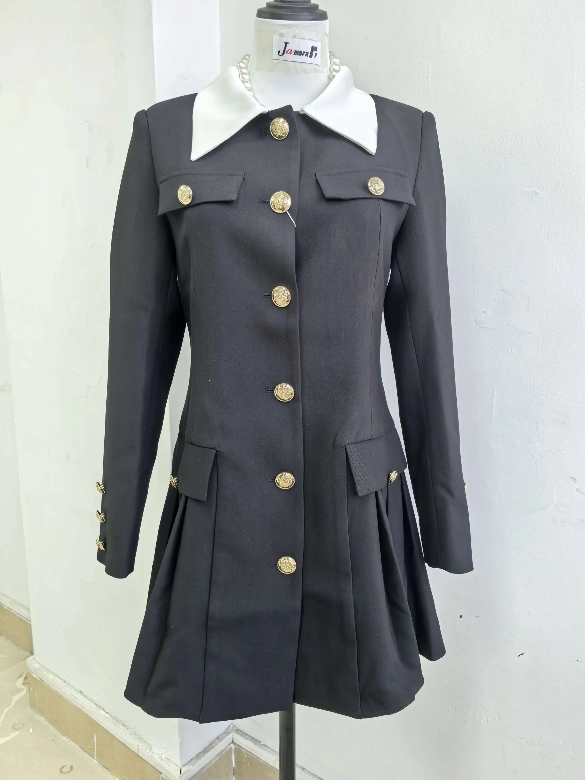 Luxury Quality Pleated Single Breasted Button Long Full Sleeve Blazer Dress