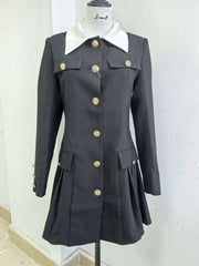 Luxury Quality Pleated Single Breasted Button Long Full Sleeve Blazer Dress