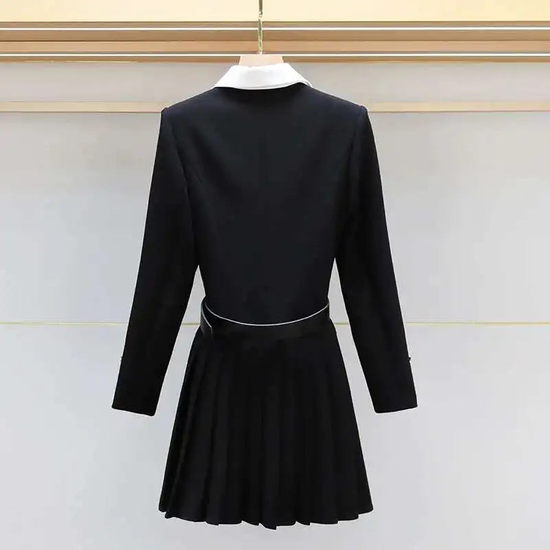 Luxury Quality Pleated Single Breasted Button Long Full Sleeve Blazer Dress