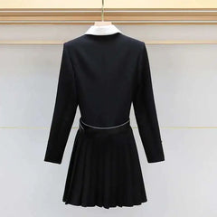 Luxury Quality Pleated Single Breasted Button Long Full Sleeve Blazer Dress