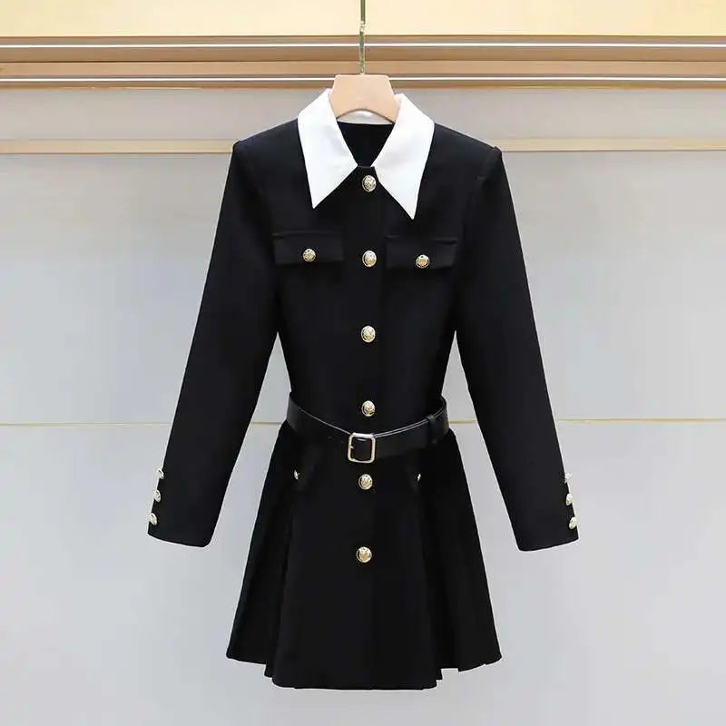 Luxury Quality Pleated Single Breasted Button Long Full Sleeve Blazer Dress
