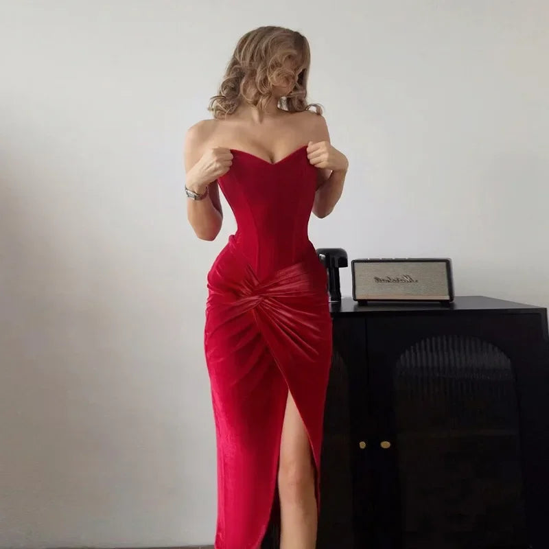 Luxury Retro Slit Backless Strapless Sleeveless Slim Robe Party Club Long Dress