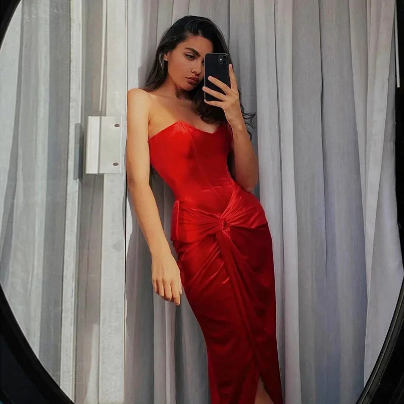 Luxury Retro Slit Backless Strapless Sleeveless Slim Robe Party Club Long Dress