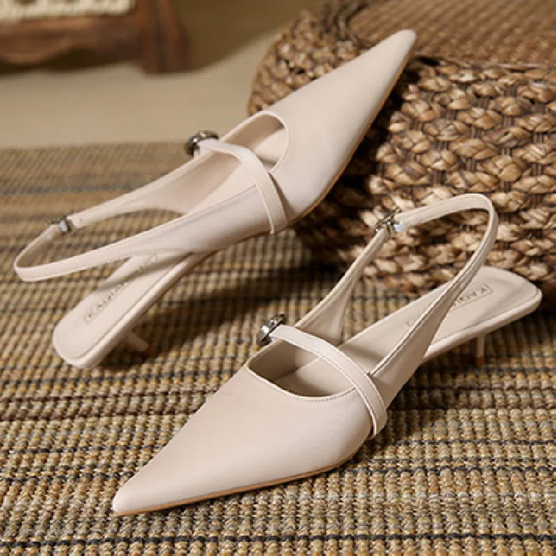 Luxury Rhinestone Buckle Sandals Pointed Toe Back Strap Slide Sandals Simple Comfortable Soft Leather Dress Shoes