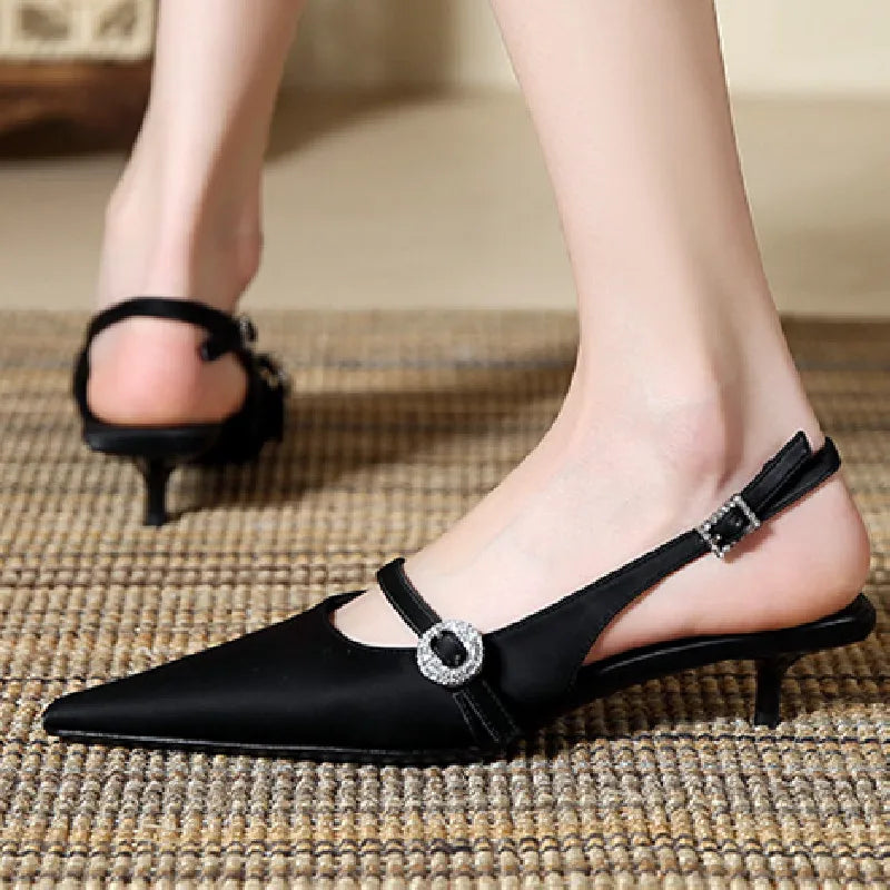 Luxury Rhinestone Buckle Sandals Pointed Toe Back Strap Slide Sandals Simple Comfortable Soft Leather Dress Shoes