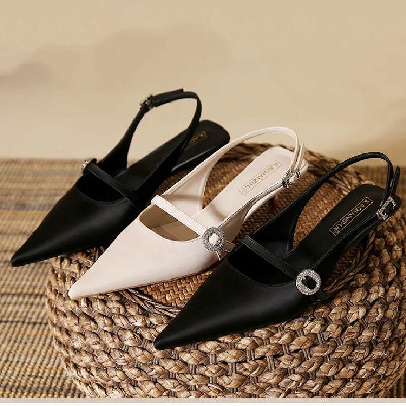 Luxury Rhinestone Buckle Sandals Pointed Toe Back Strap Slide Sandals Simple Comfortable Soft Leather Dress Shoes