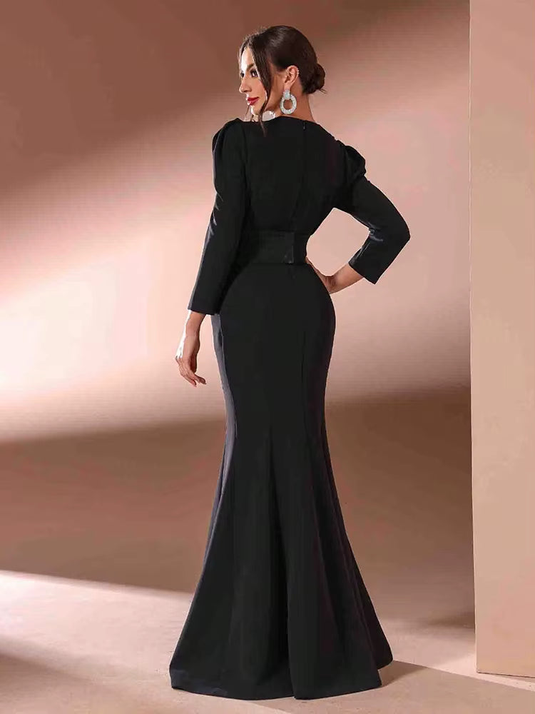 Luxury Rhinestone Decorated Simple Daily V-Neck Long Sleeve Dress