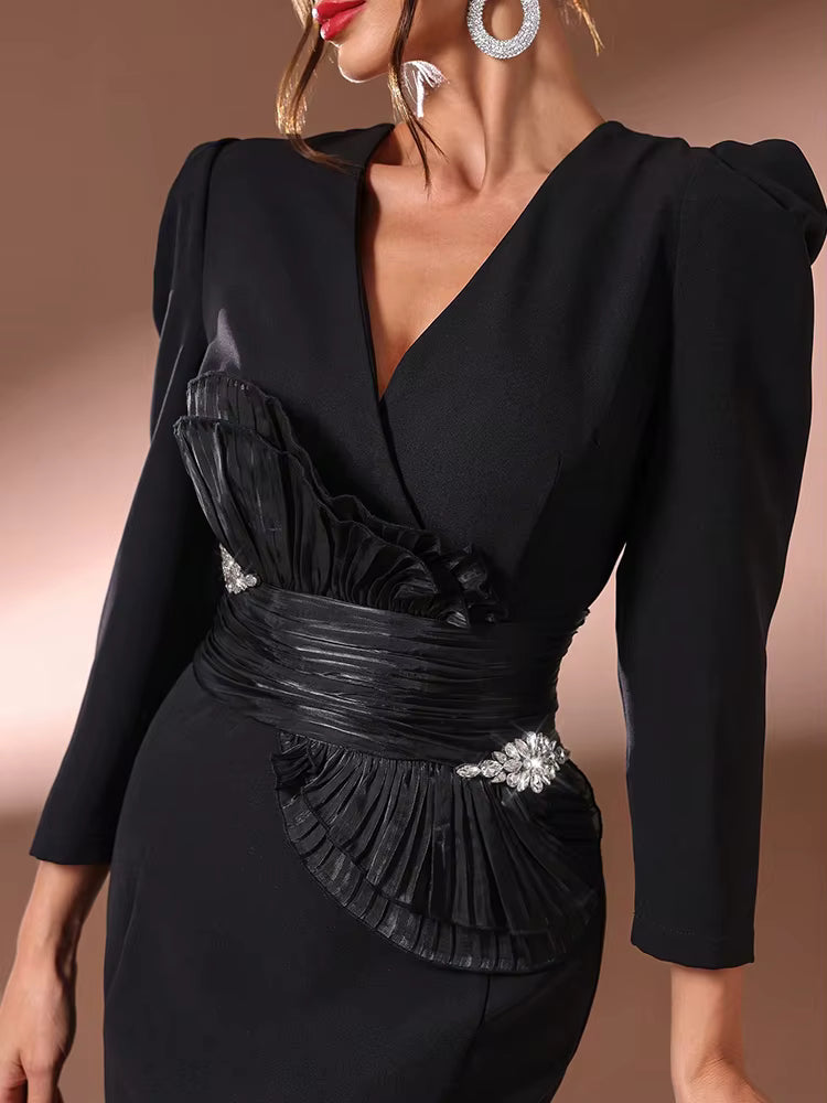 Luxury Rhinestone Decorated Simple Daily V-Neck Long Sleeve Dress
