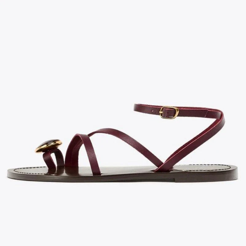 Luxury Rhinestone Decoration Brand Flat Sandals Ankle Strap Metal Buckle Designer Shoes