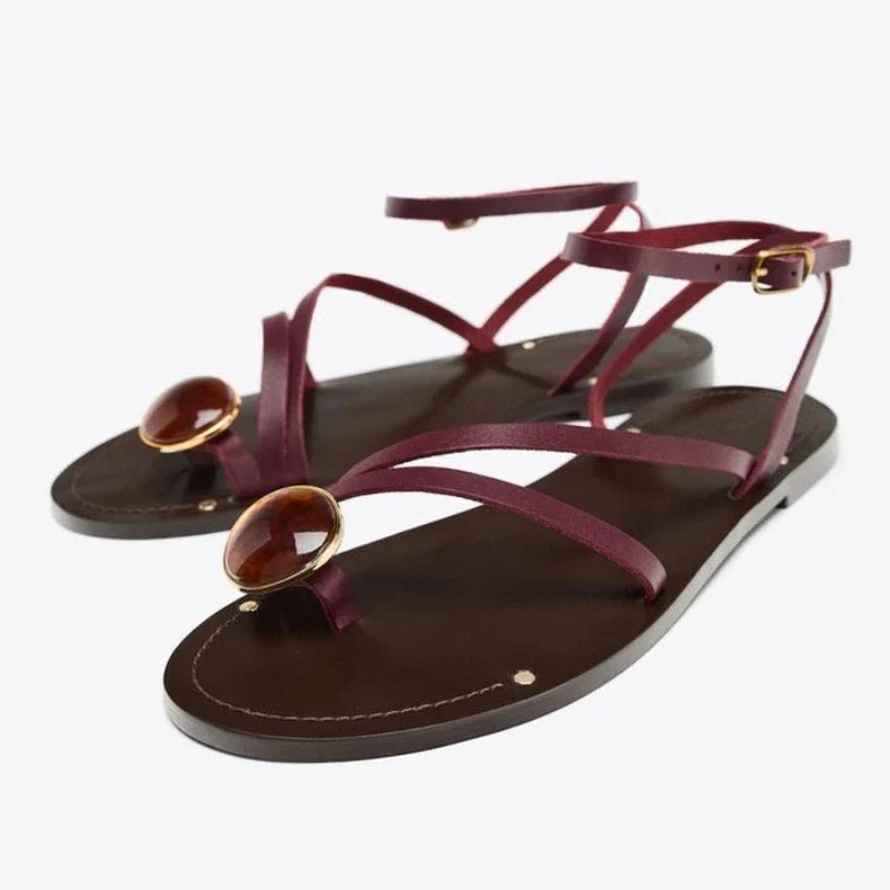 Luxury Rhinestone Decoration Brand Flat Sandals Ankle Strap Metal Buckle Designer Shoes