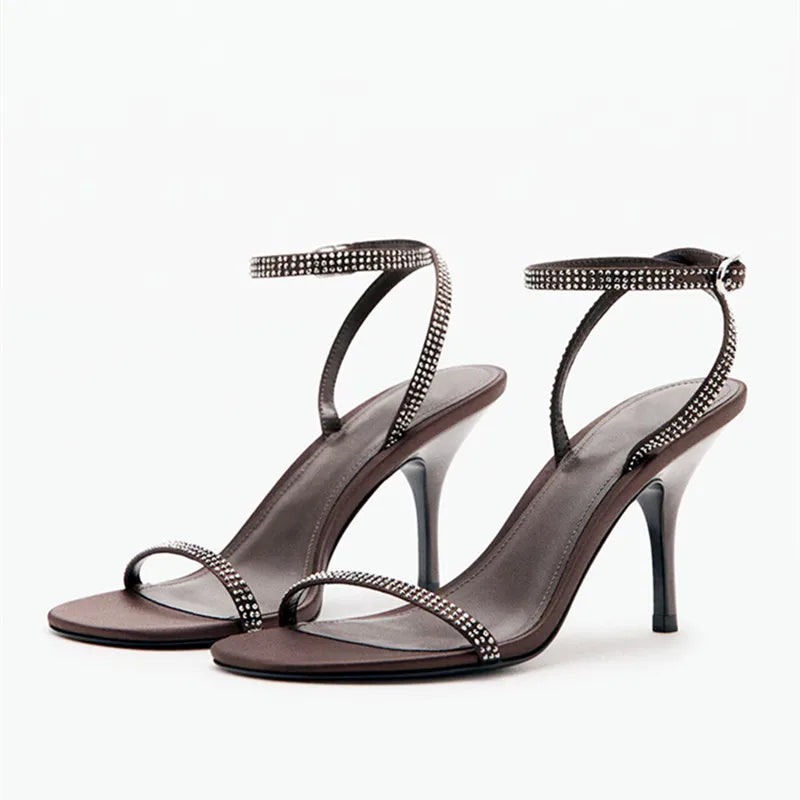 Luxury Rhinestone Detail Ankle-Strap High-Heel Sandals Open-Toe Stilettos Heel