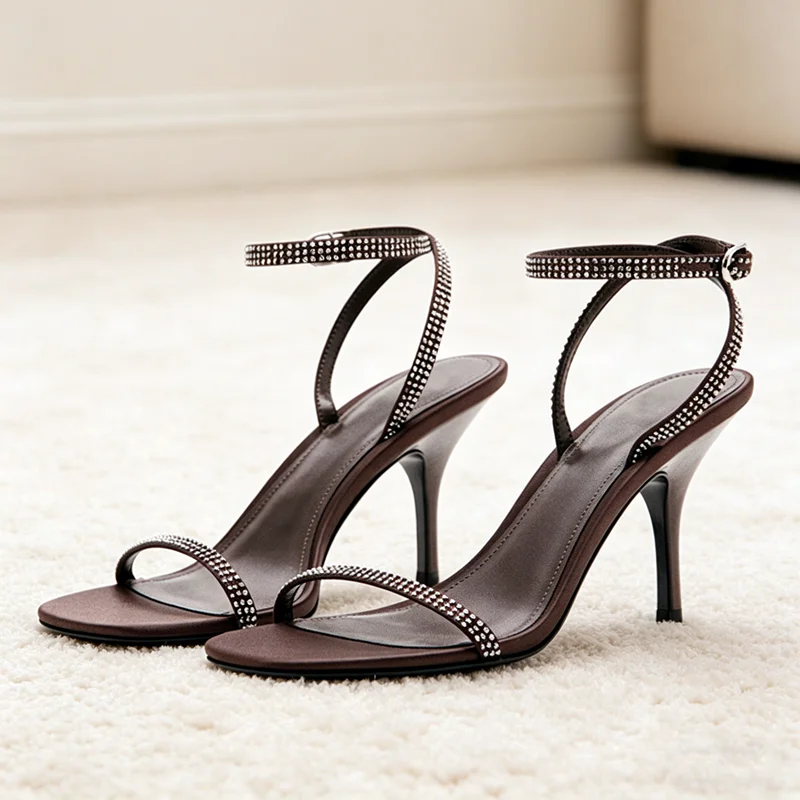 Luxury Rhinestone Detail Ankle-Strap High-Heel Sandals Open-Toe Stilettos Heel