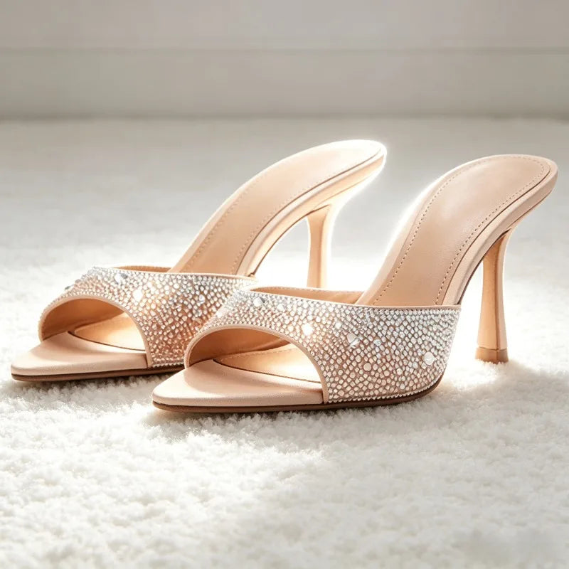 Luxury Rhinestone Detail Mules Sandals Round-Toe Open-Toe Slide Sandals High-Quality Silk Stiletto Evening Pumps