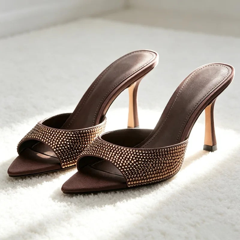 Luxury Rhinestone Detail Mules Sandals Round-Toe Open-Toe Slide Sandals High-Quality Silk Stiletto Evening Pumps