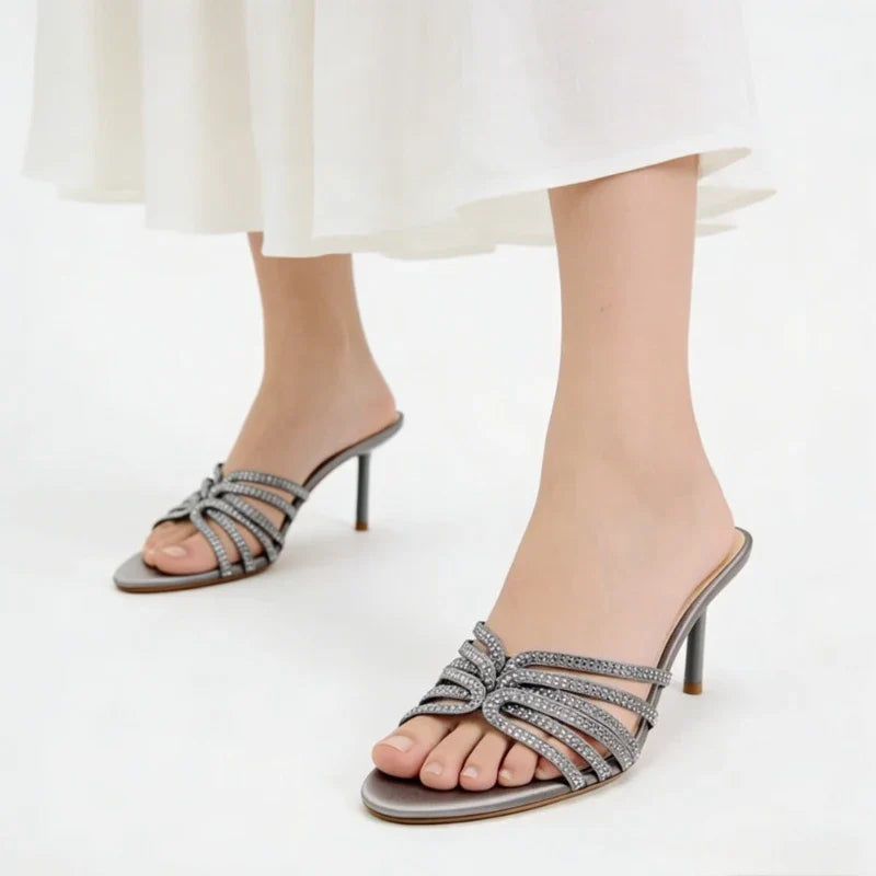 Luxury Rhinestone Detail Slippers Peep-Toe Heel