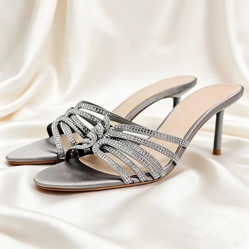 Luxury Rhinestone Detail Slippers Peep-Toe Heel
