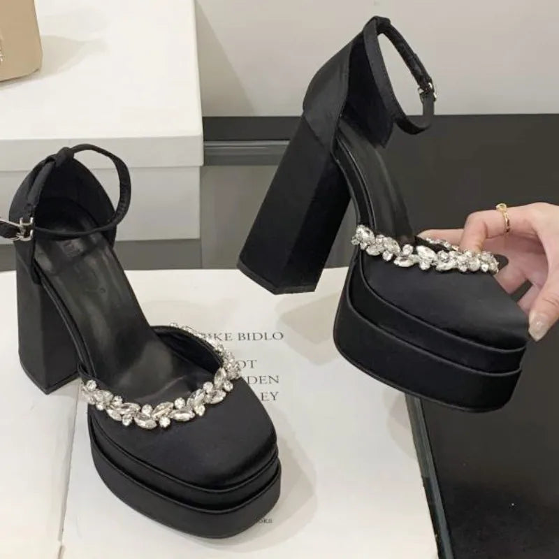 Luxury Rhinestone Satin Sandals Waterproof Double Platform Heel