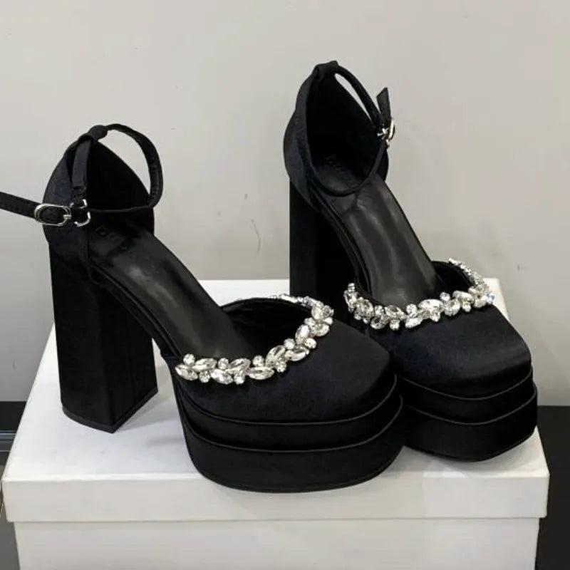 Luxury Rhinestone Satin Sandals Waterproof Double Platform Heel