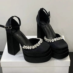 Luxury Rhinestone Satin Sandals Waterproof Double Platform Heel