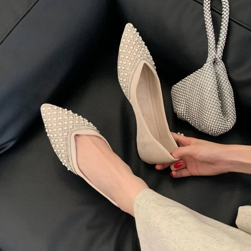 Luxury Rhinestone String Bead Decoration Low Heel