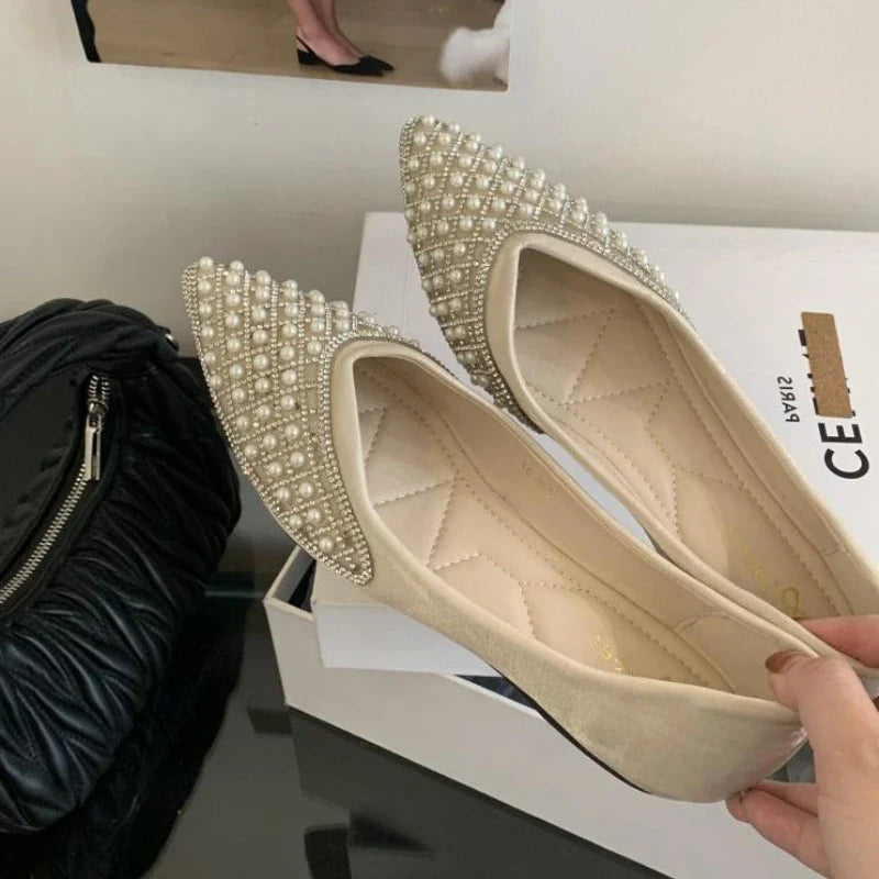 Luxury Rhinestone String Bead Decoration Low Heel