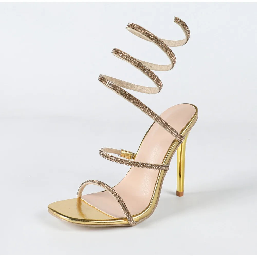Luxury Rhinestones  Gold Thin High Heel