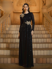 Luxury Round Neck Long Floor-Length Sleeved Sequin Formal Dress