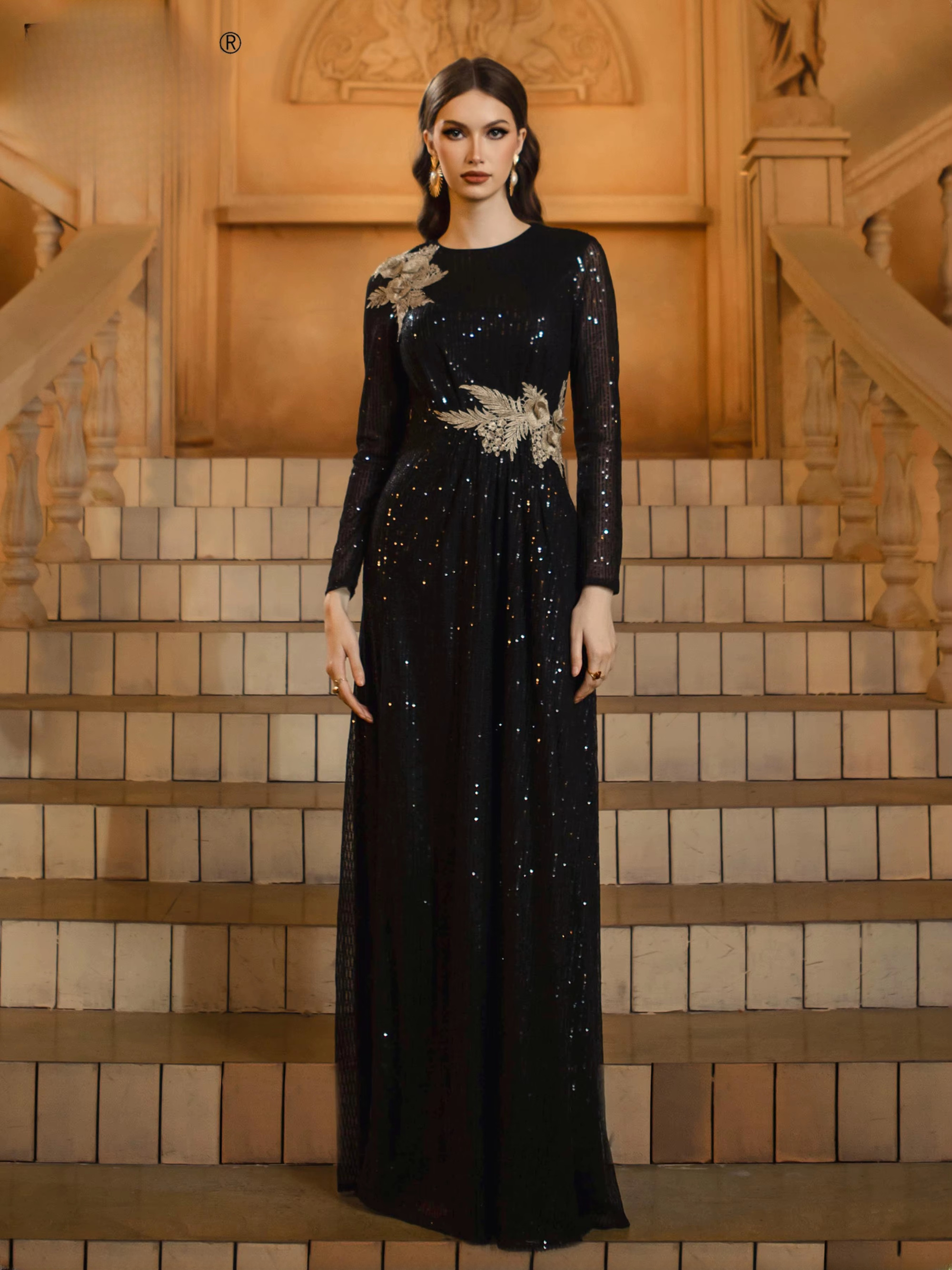 Luxury Round Neck Long Floor-Length Sleeved Sequin Formal Dress